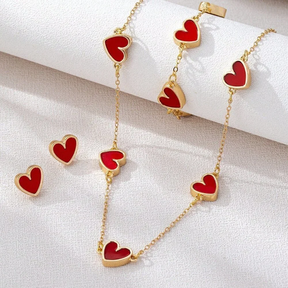 Red Elegant Women's Heart-Shaped Jewelry Set